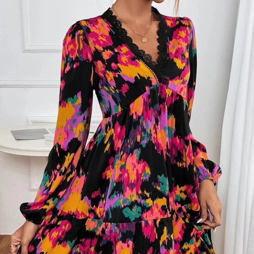 Allover Print Lace Trim Lantern Sleeve Ruffle Hem mini Dress - Picture 2 of 6